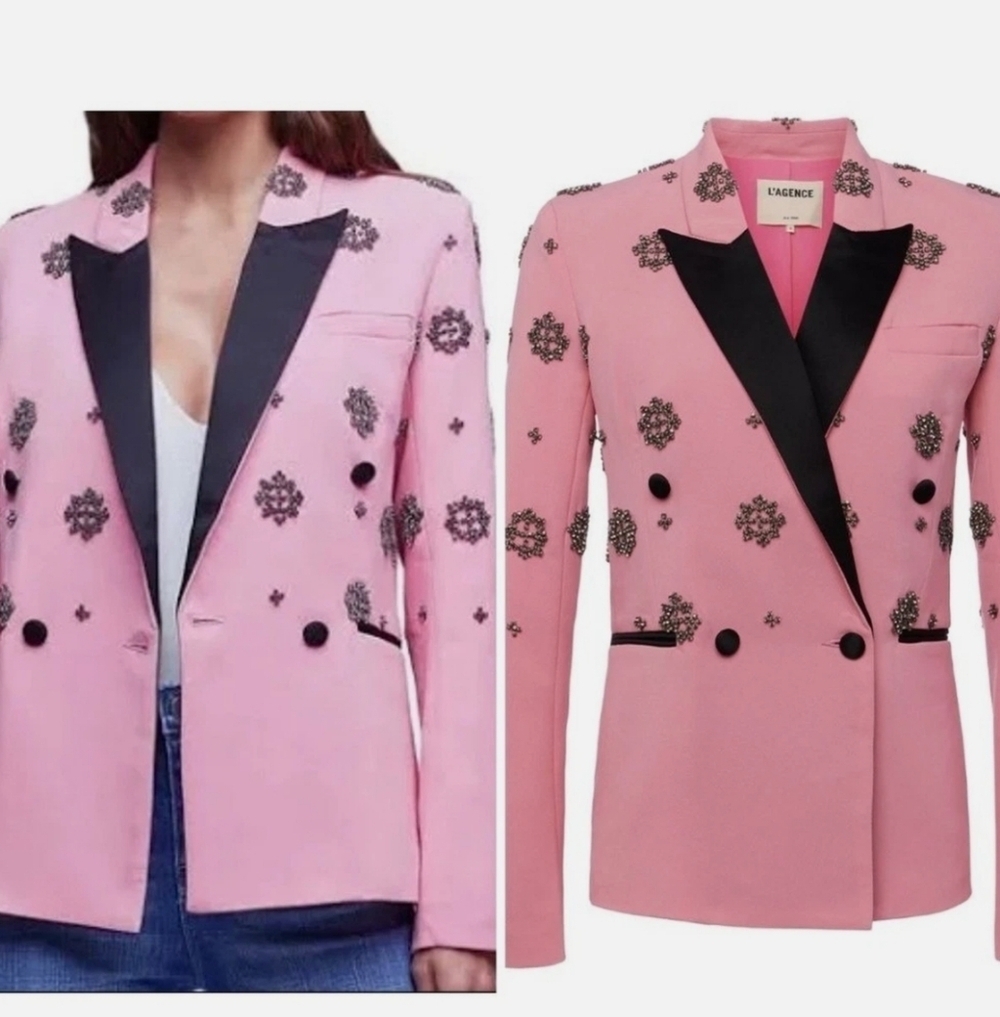 New L'Agence Crimson Embellished Crystal Double Breasted Pink Tuxedo Blazer 2